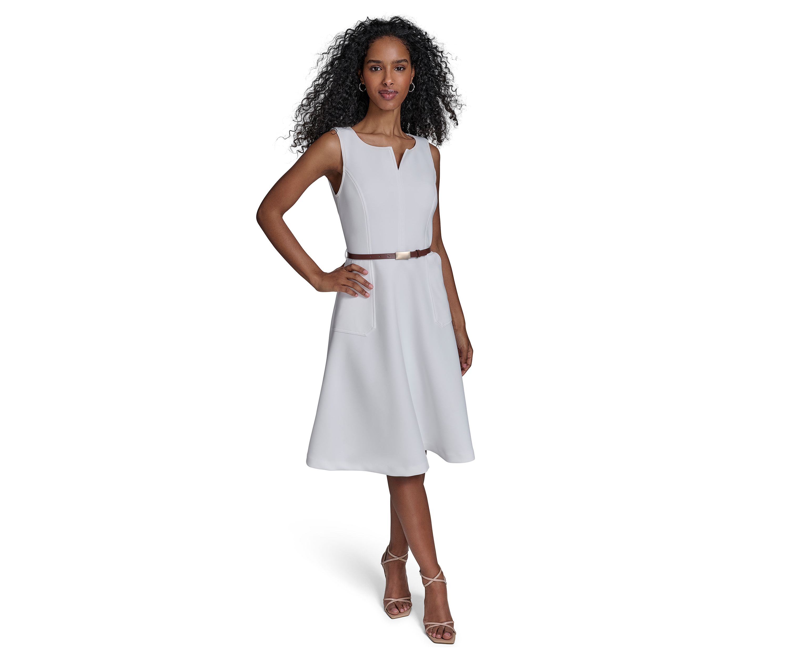 Womens Sleeveless Split Neck Solid A-Line Dress