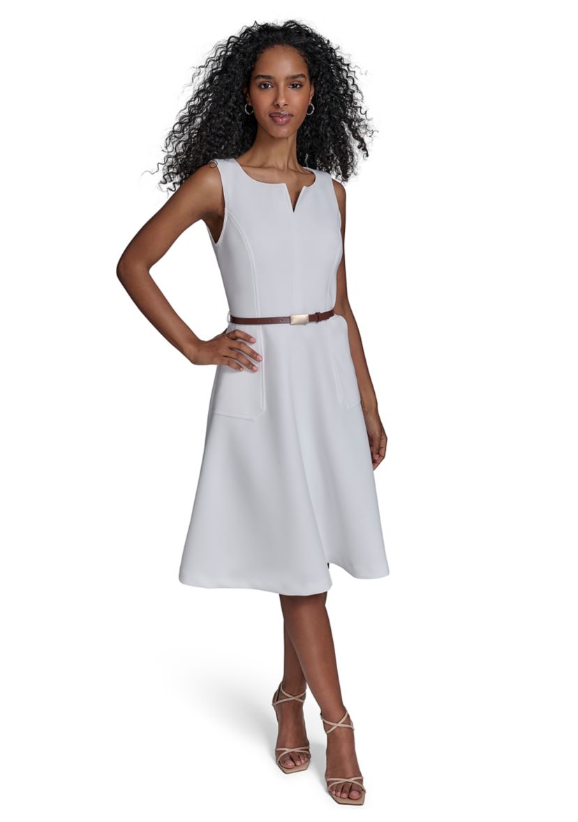 Womens Sleeveless Split Neck Solid A-Line Dress