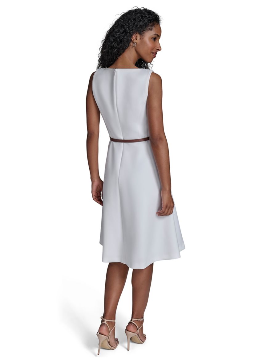Womens Sleeveless Split Neck Solid A-Line Dress