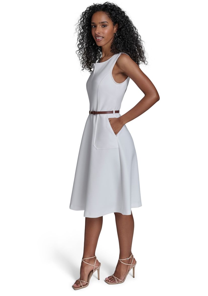 Womens Sleeveless Split Neck Solid A-Line Dress