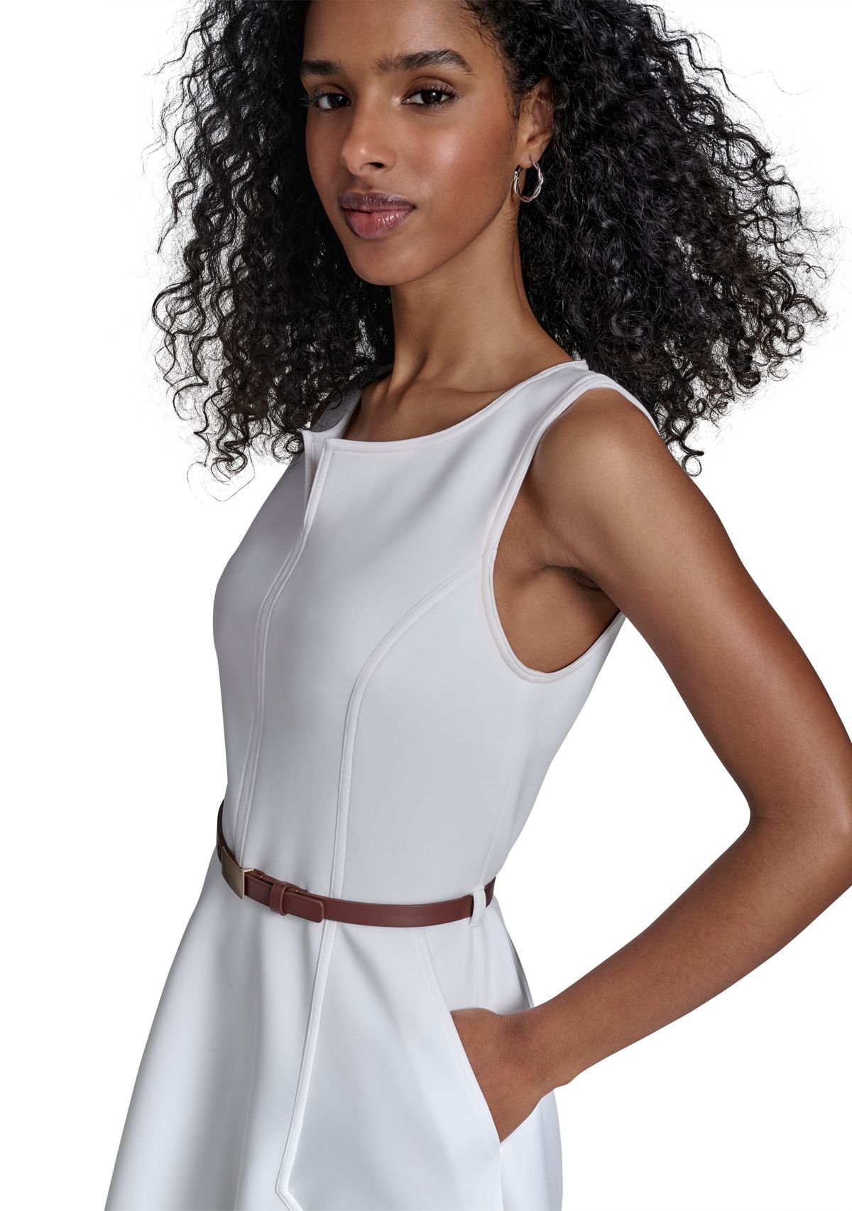 Womens Sleeveless Split Neck Solid A-Line Dress