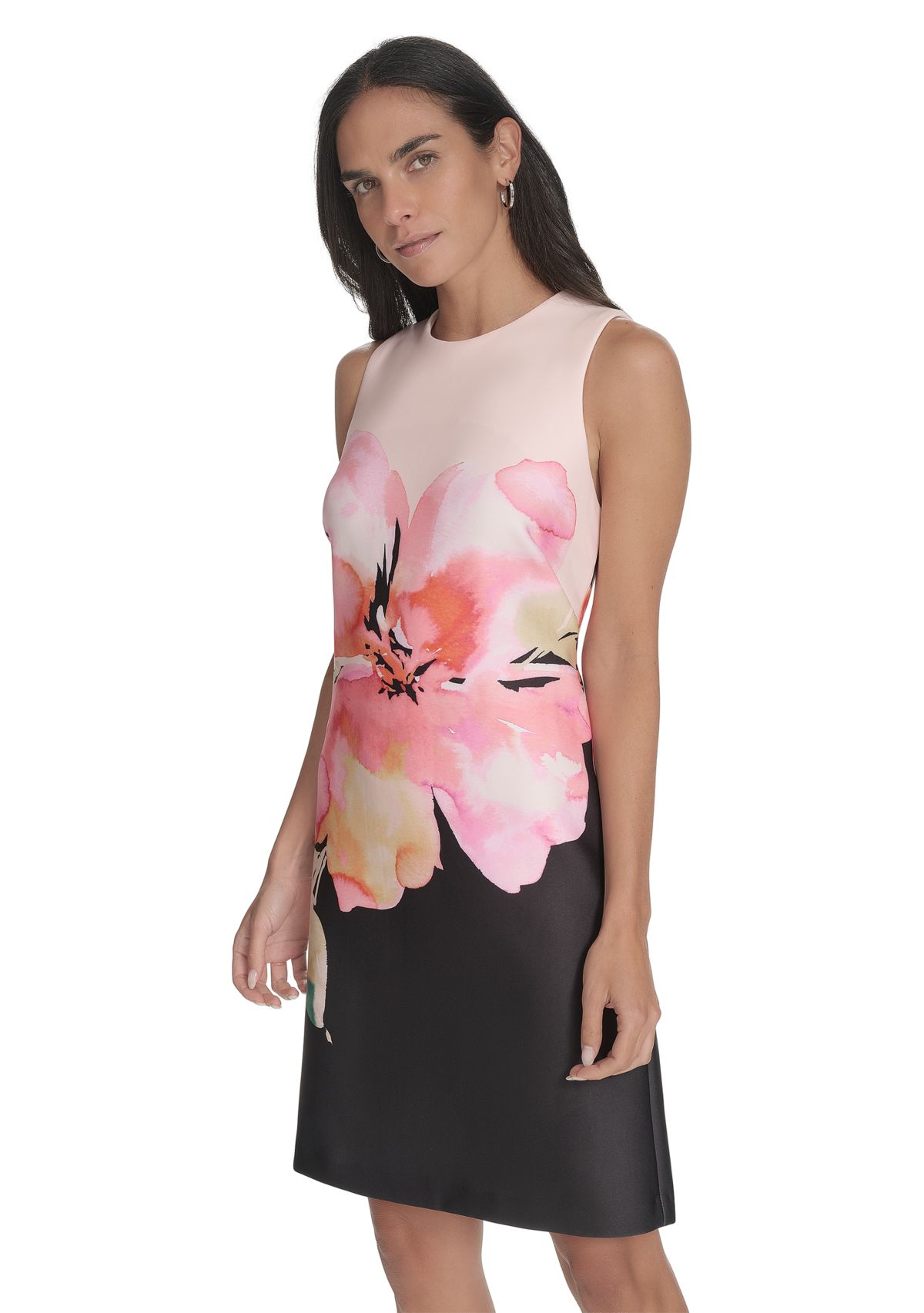 Womens Sleeveless Crew Neck Floral Sheath Dress