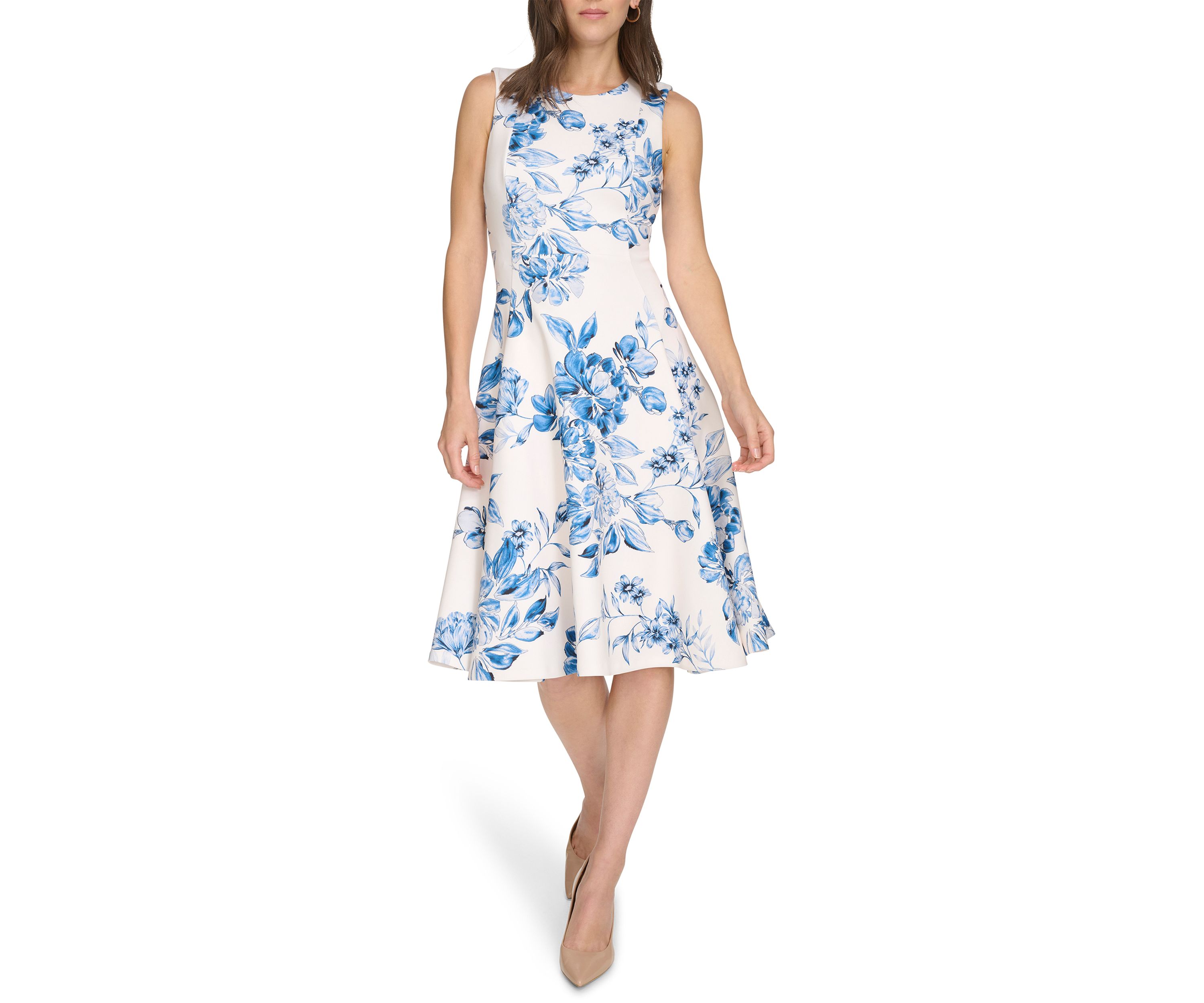 Womens Sleeveless Crew Neck Floral Print Fit and Flare Dress