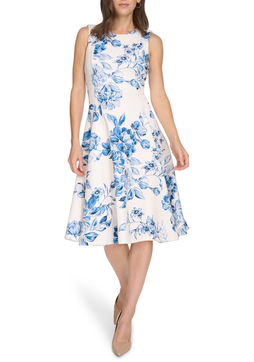 Womens Sleeveless Crew Neck Floral Print Fit and Flare Dress