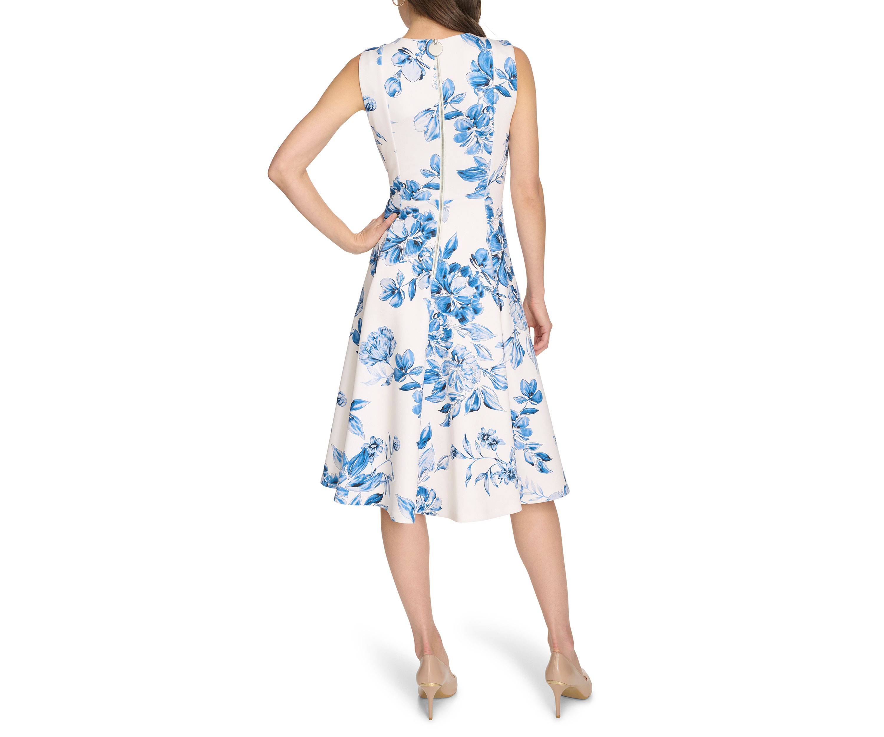 Womens Sleeveless Crew Neck Floral Print Fit and Flare Dress