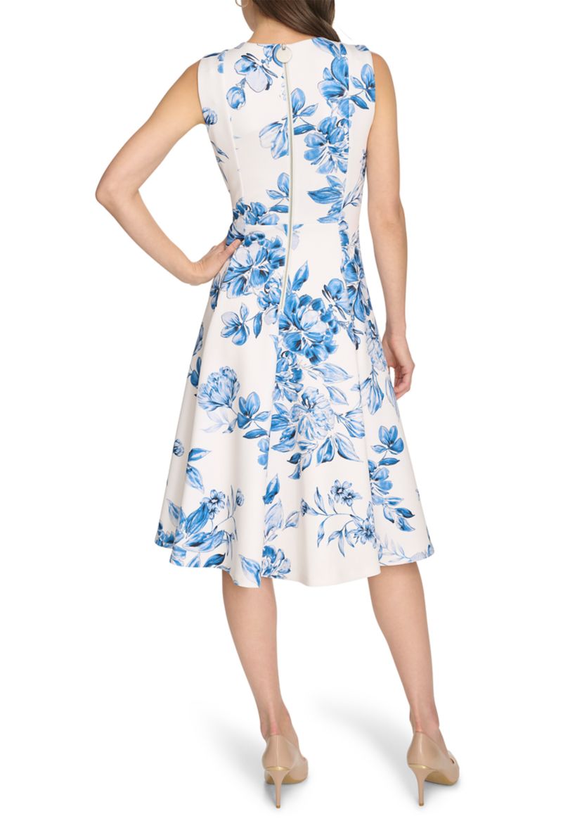 Womens Sleeveless Crew Neck Floral Print Fit and Flare Dress