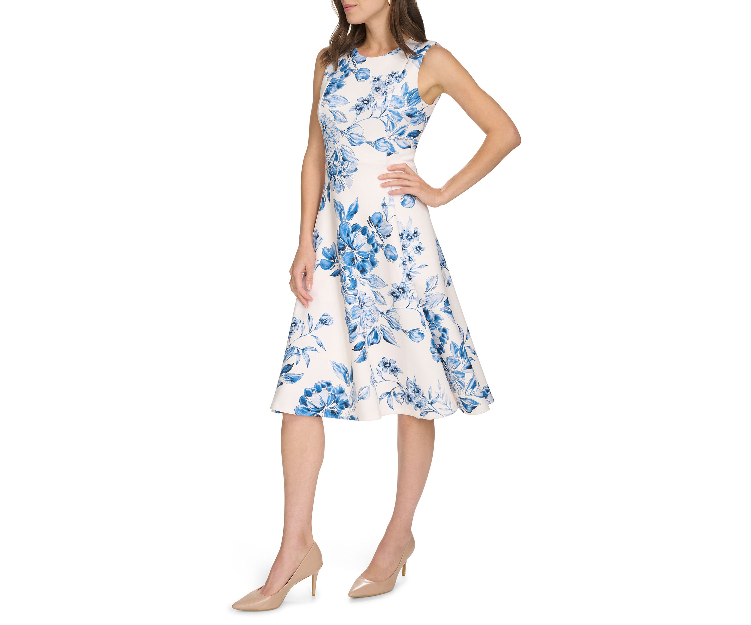 Womens Sleeveless Crew Neck Floral Print Fit and Flare Dress