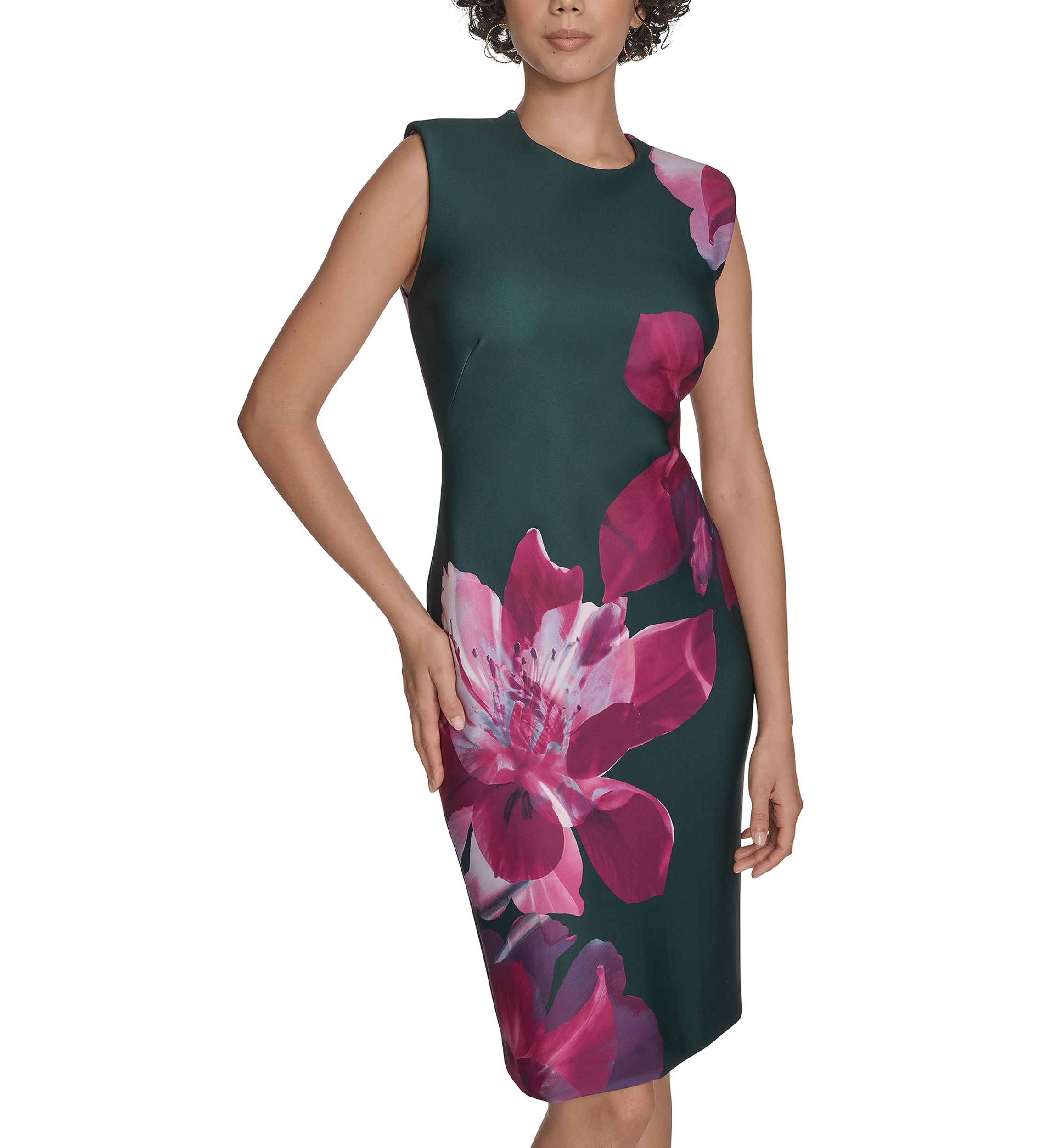 Womens Sleeveless Crew Neck Floral Scuba Sheath Dress