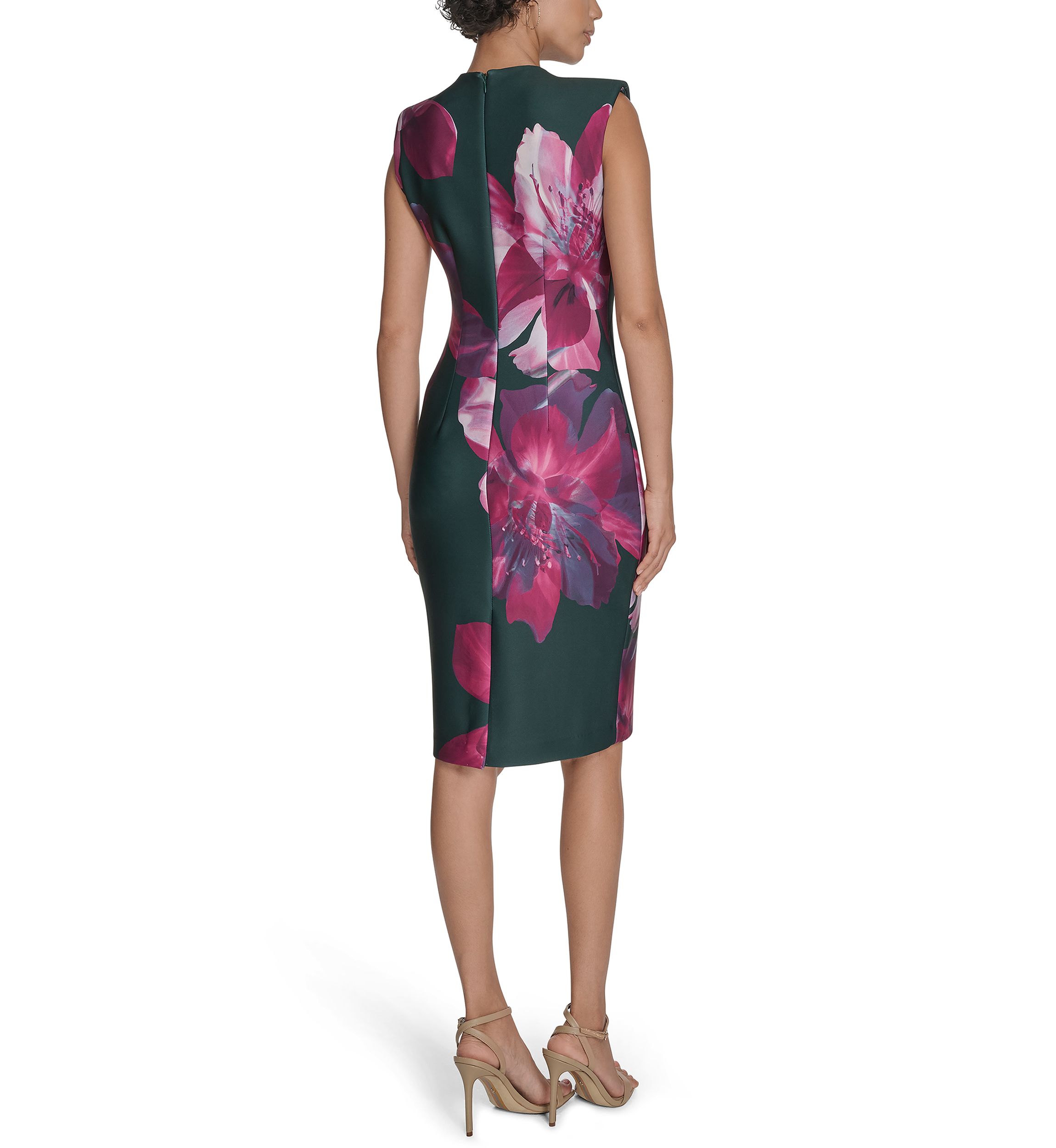 Womens Sleeveless Crew Neck Floral Scuba Sheath Dress