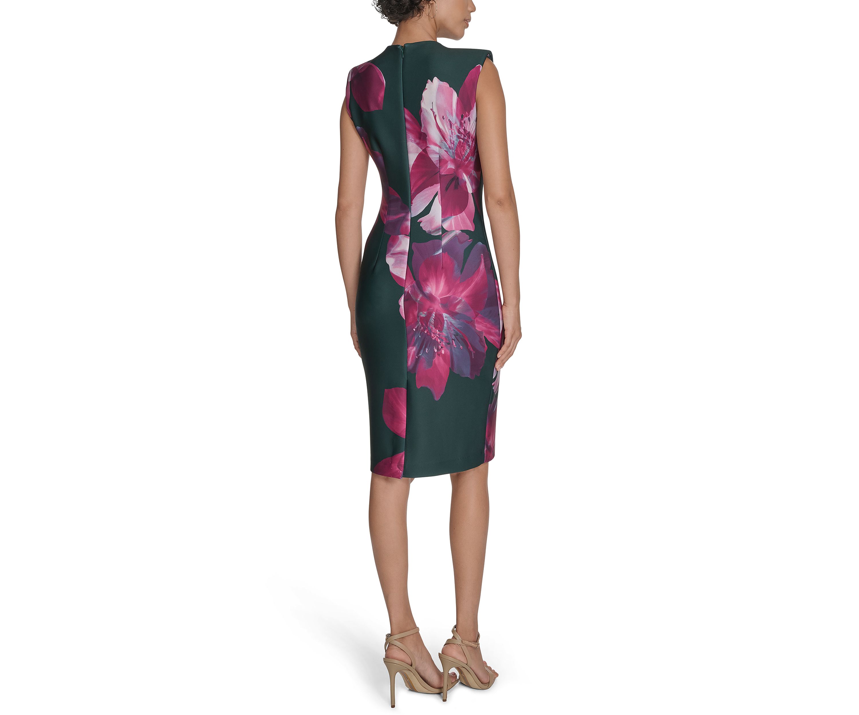 Womens Sleeveless Crew Neck Floral Scuba Sheath Dress