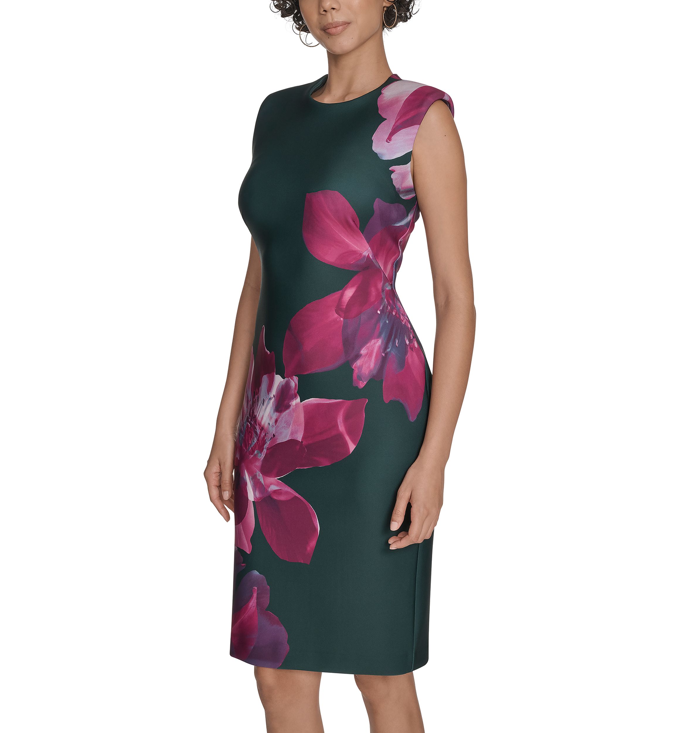 Womens Sleeveless Crew Neck Floral Scuba Sheath Dress