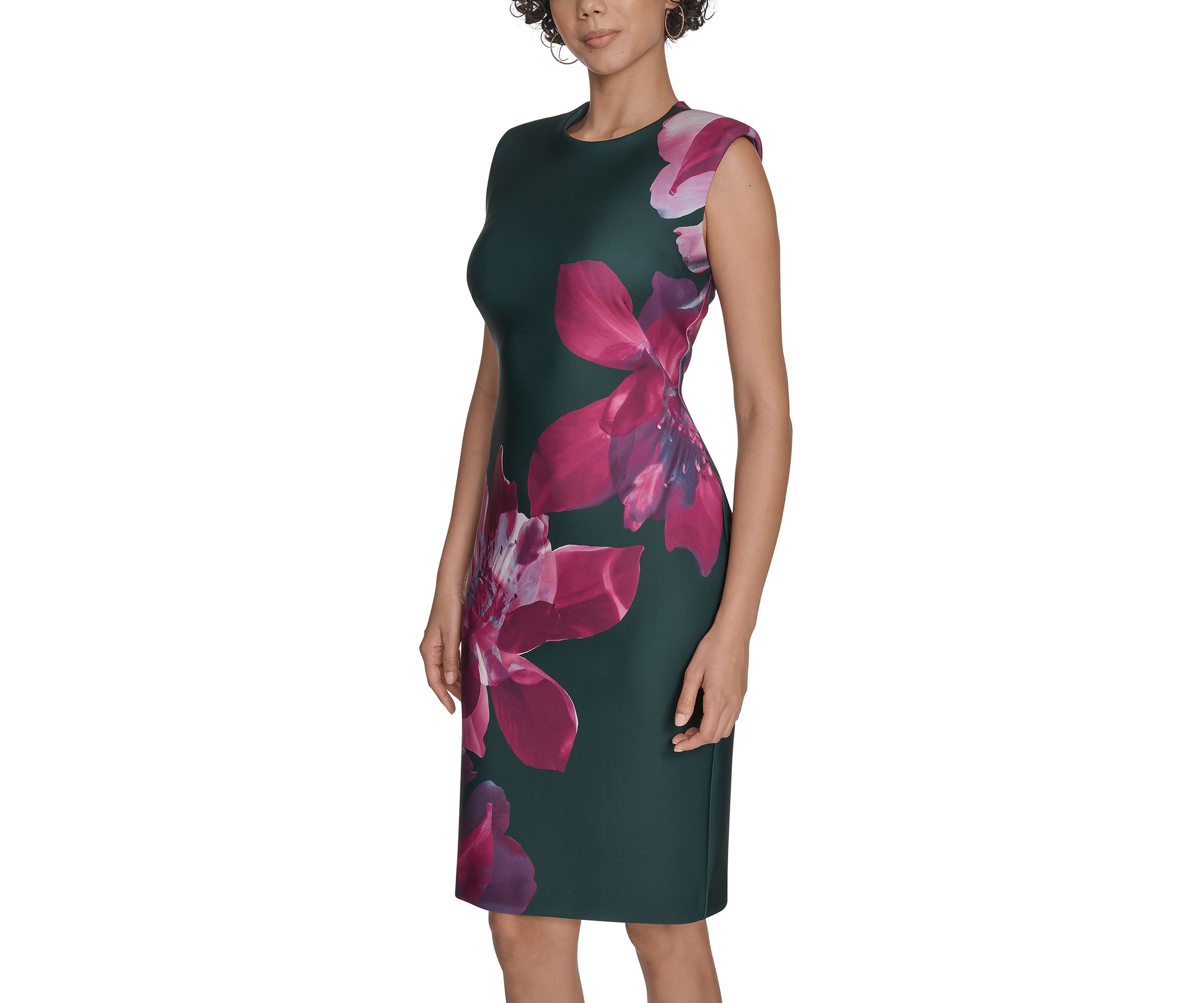 Womens Sleeveless Crew Neck Floral Scuba Sheath Dress
