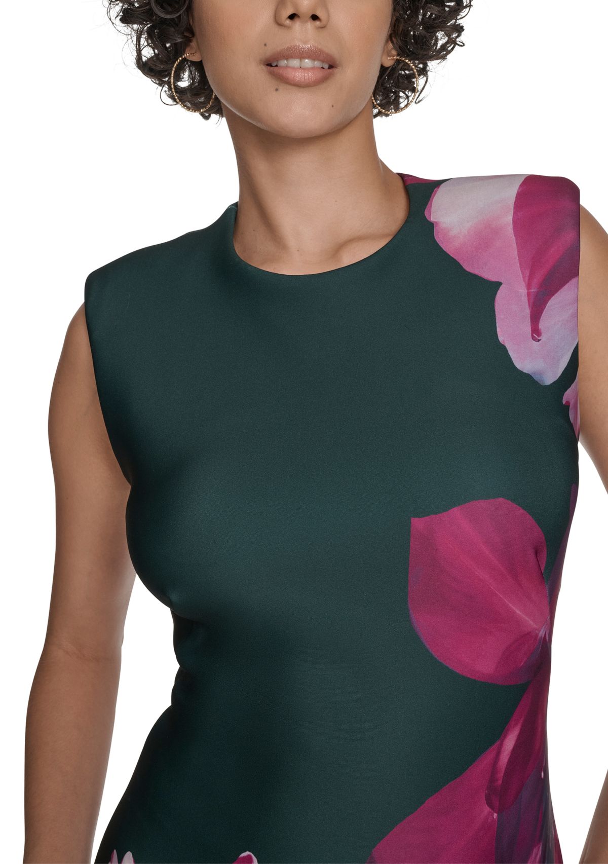 Womens Sleeveless Crew Neck Floral Scuba Sheath Dress