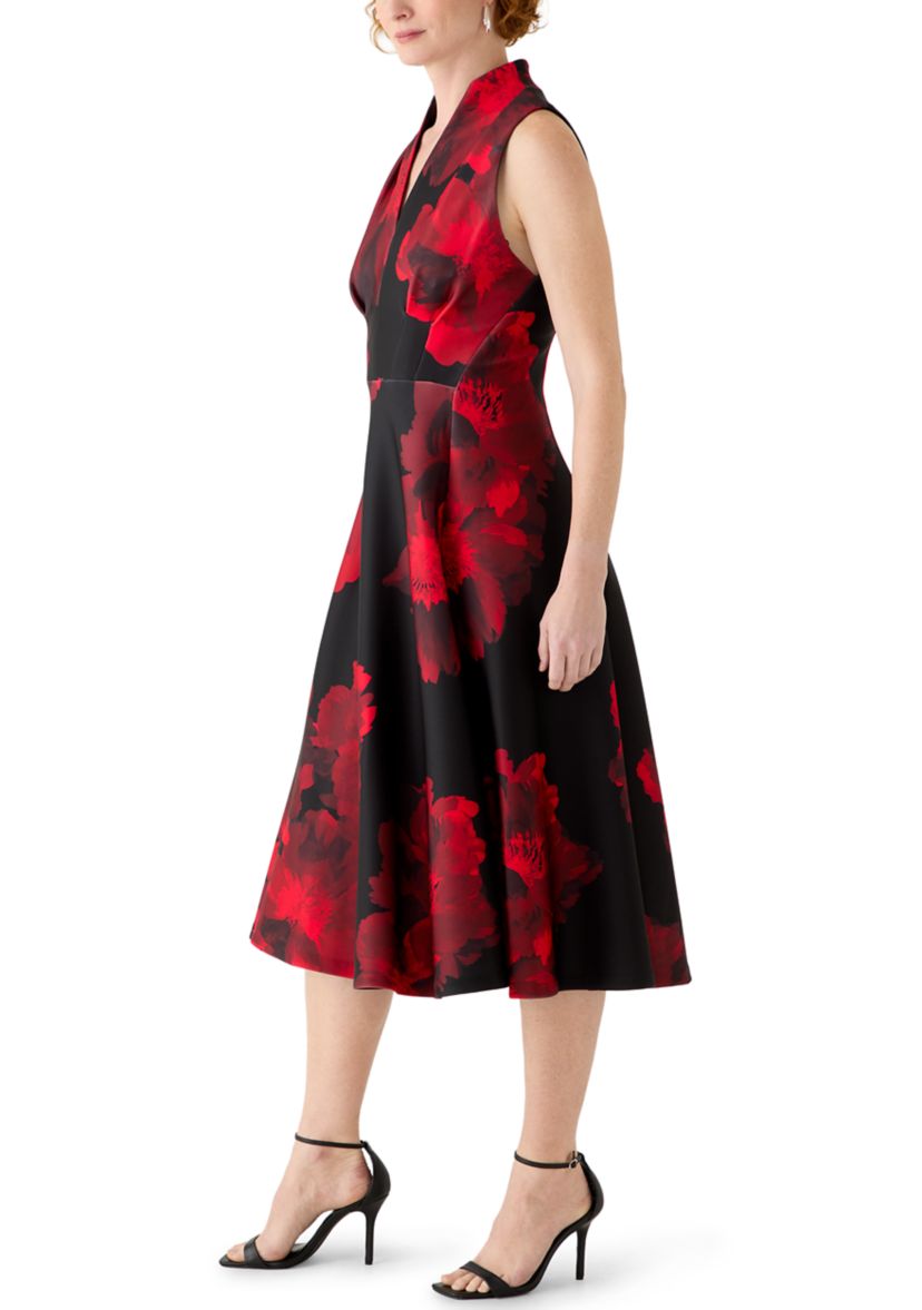 calvin klein black dress with red flowers Calvin Klein Women's Black Floral Print High Low Dress Size 6 Sheer Sleeve  Zipper Back