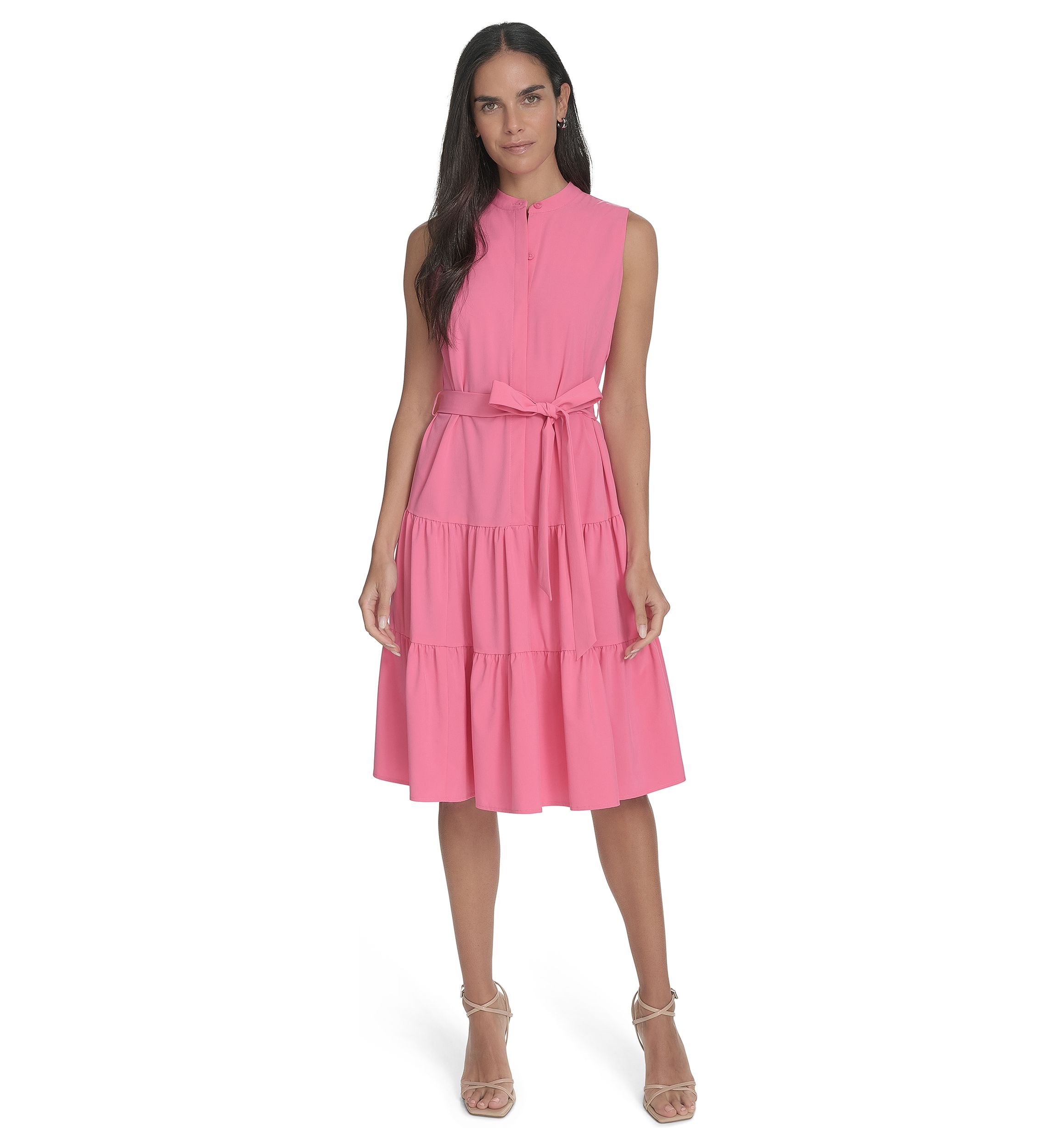 Womens High Neck Tiered Ruffle A-Line Dress 