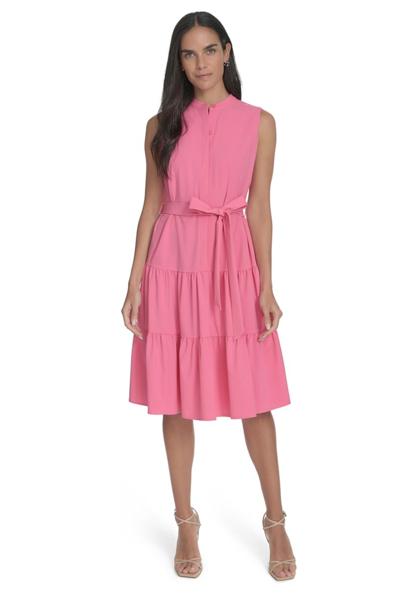 Womens High Neck Tiered Ruffle A-Line Dress 