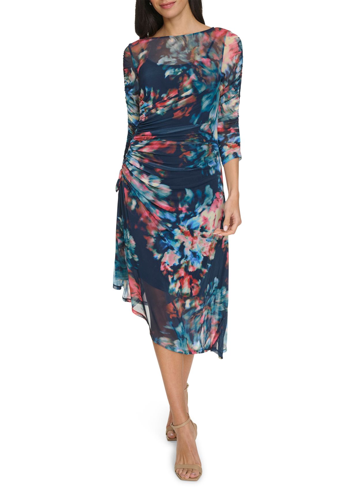 Womens Printed Boat Neck Mesh Slim Dress