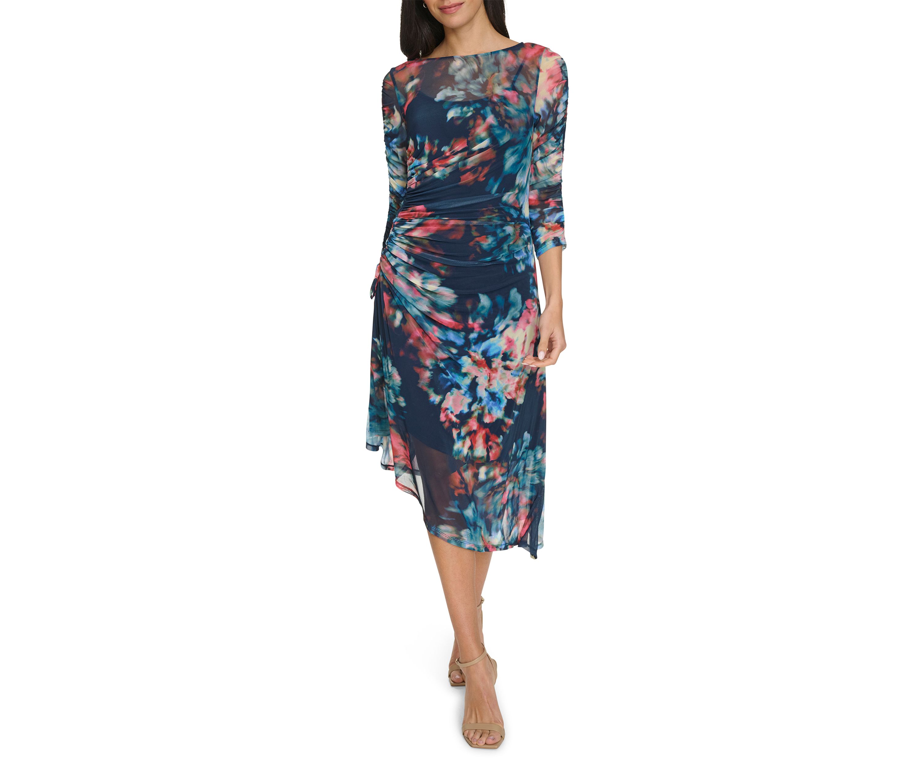 Womens Printed Boat Neck Mesh Slim Dress