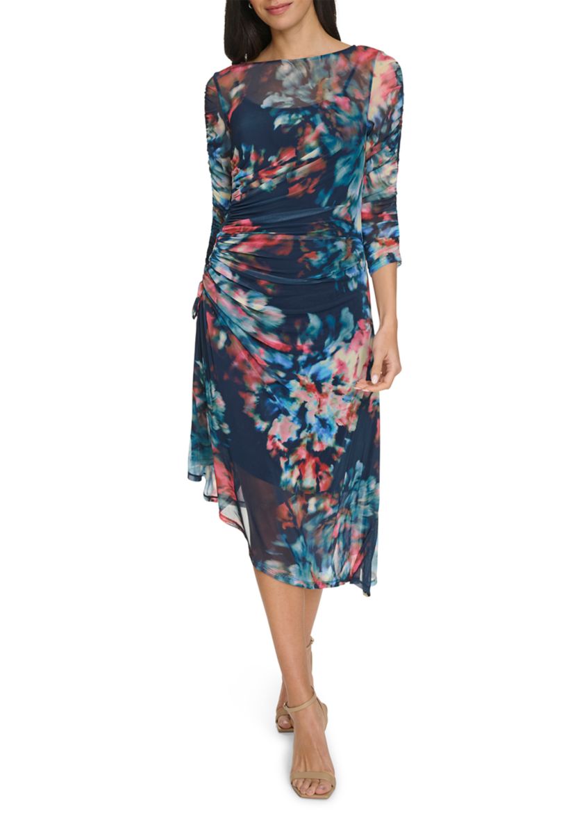Womens Printed Boat Neck Mesh Slim Dress
