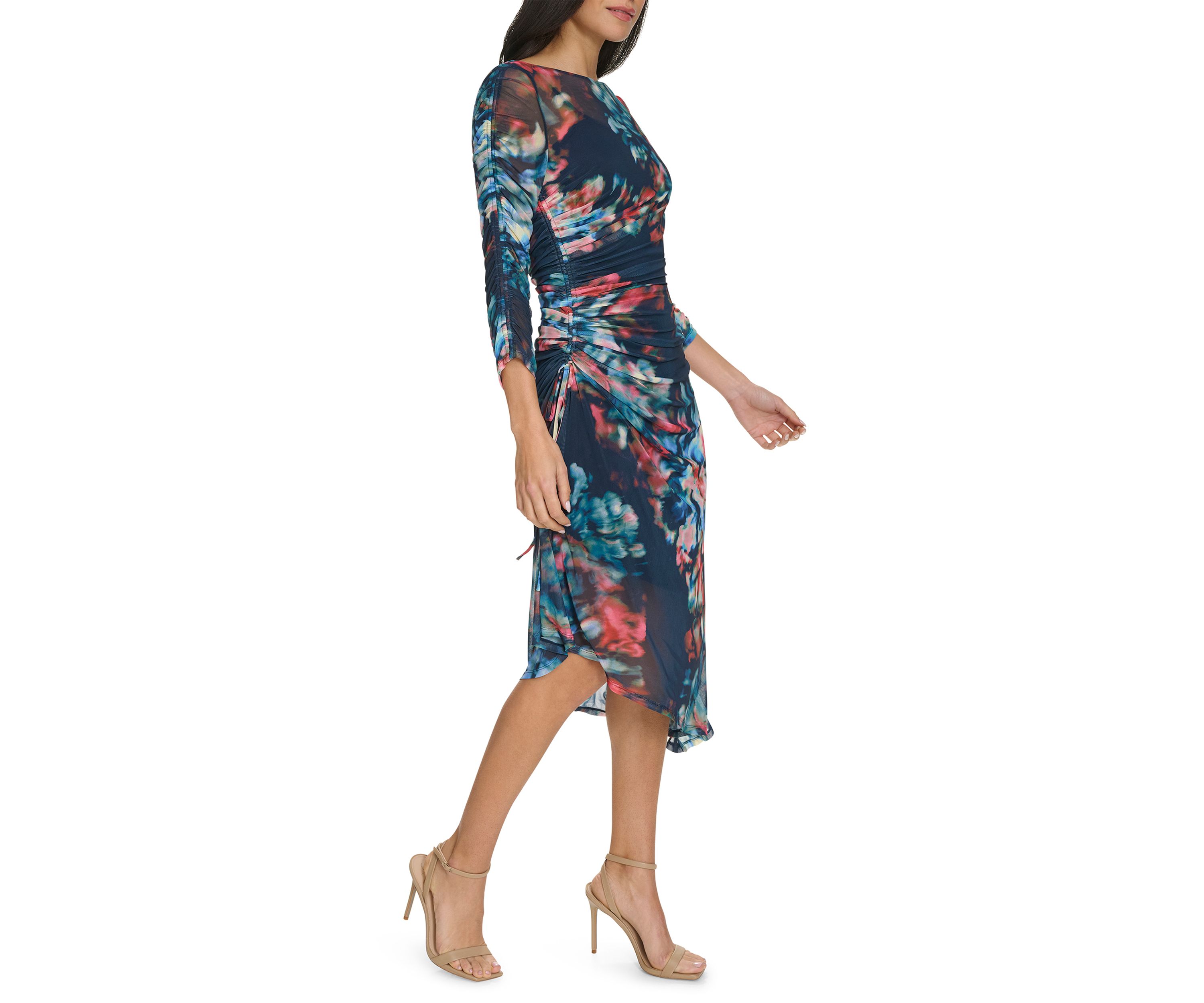 Womens Printed Boat Neck Mesh Slim Dress