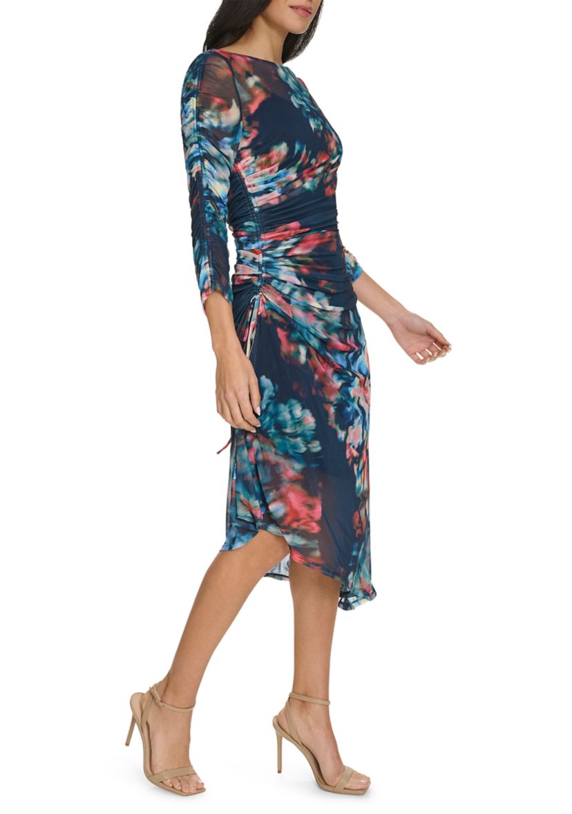 Womens Printed Boat Neck Mesh Slim Dress