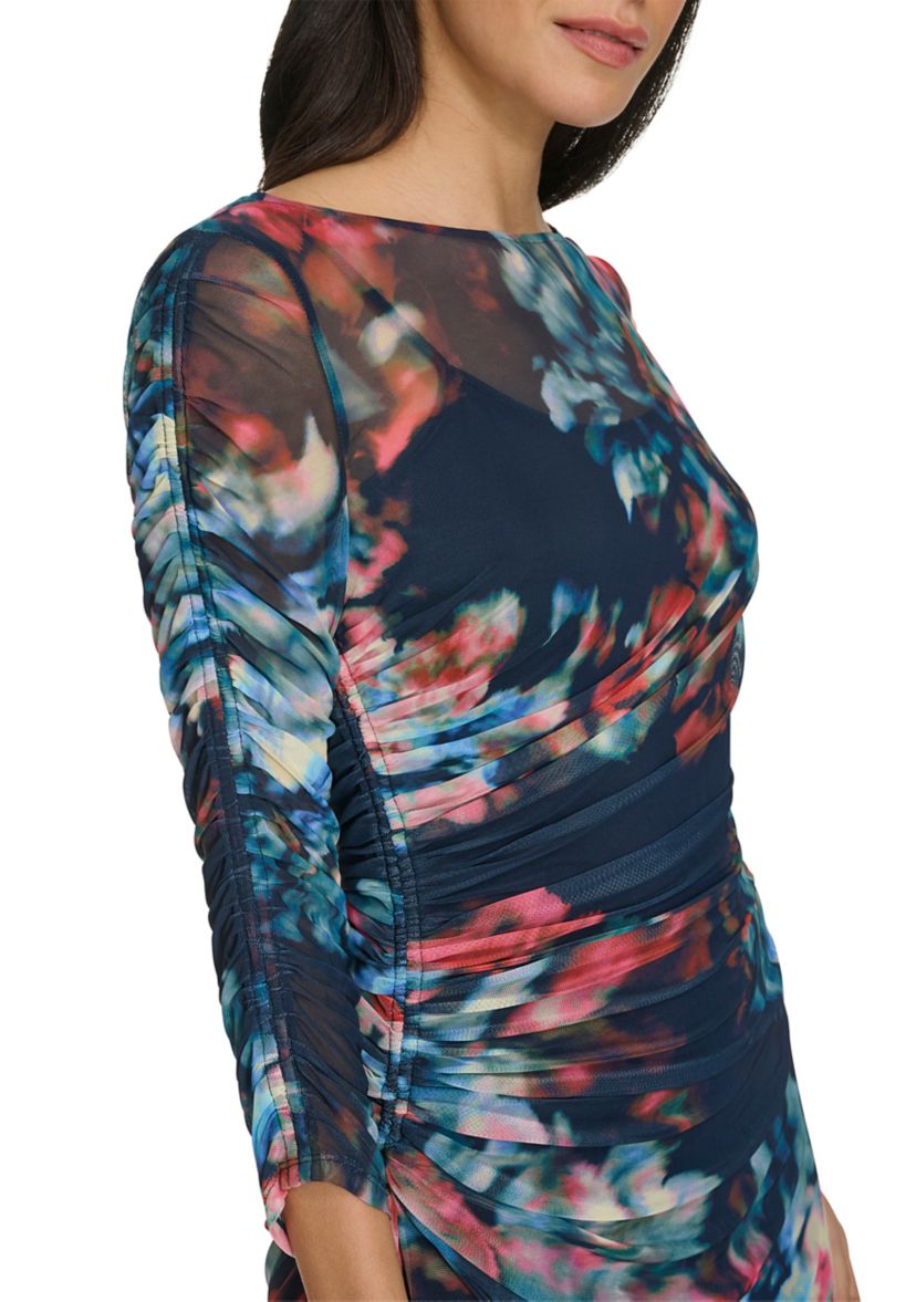 Womens Printed Boat Neck Mesh Slim Dress