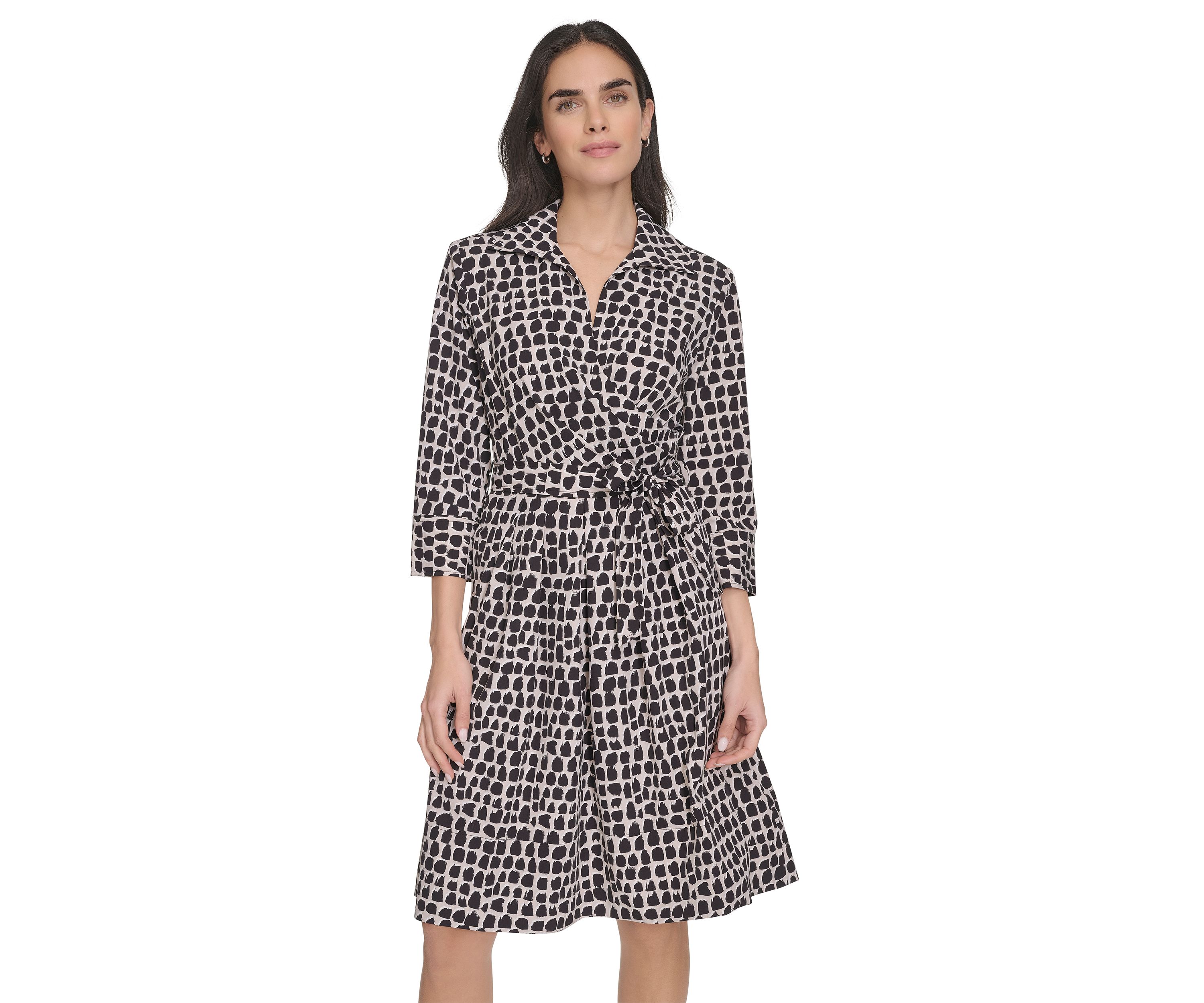 Womens Printed Belted Fit and Flare Dress with Collar