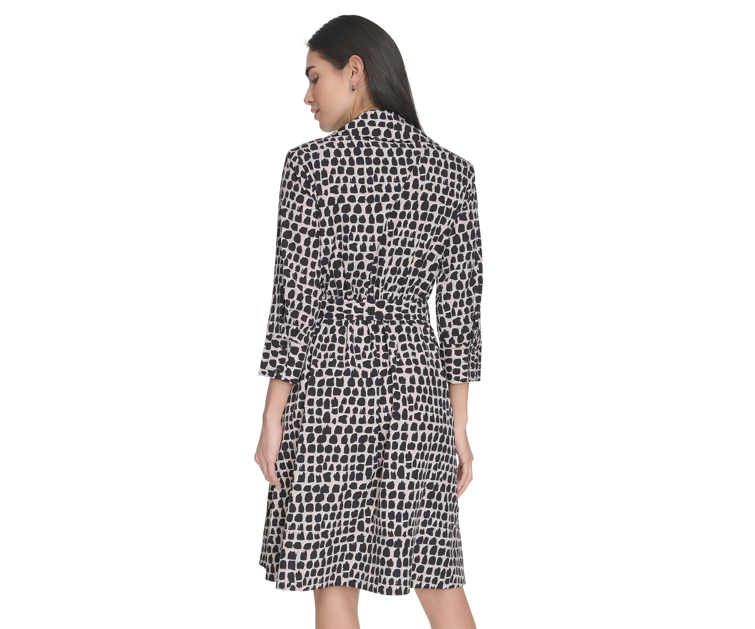 Womens Printed Belted Fit and Flare Dress with Collar