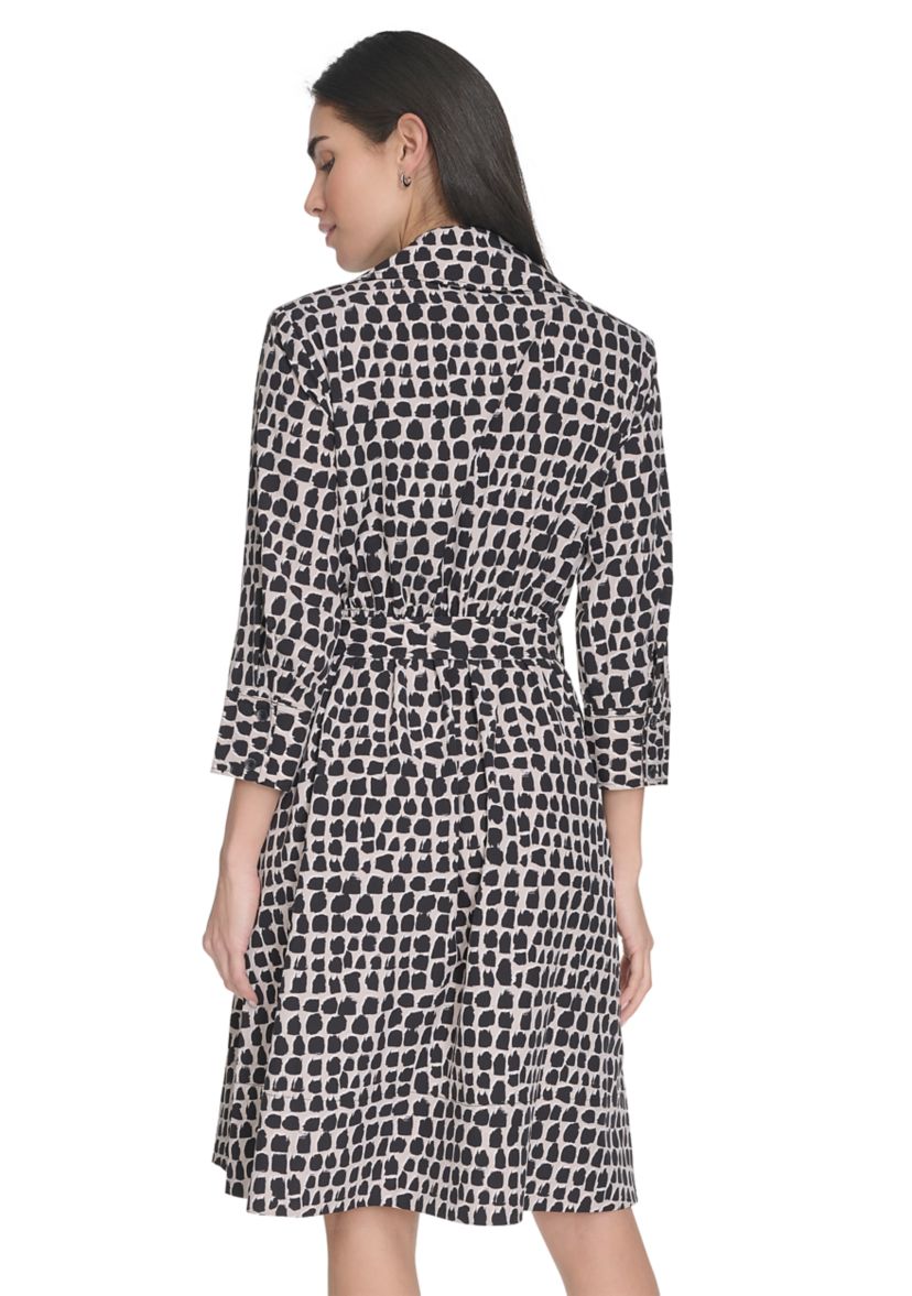 Womens Printed Belted Fit and Flare Dress with Collar