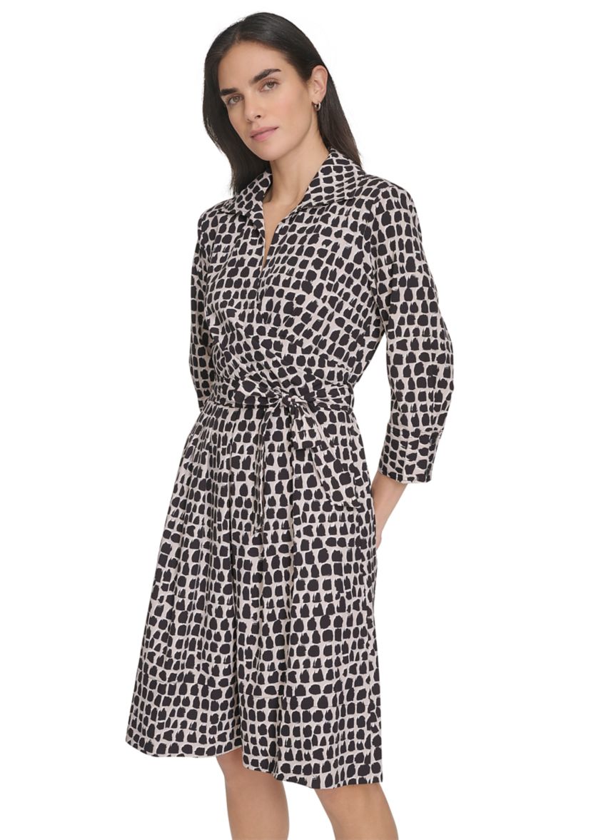 Womens Printed Belted Fit and Flare Dress with Collar