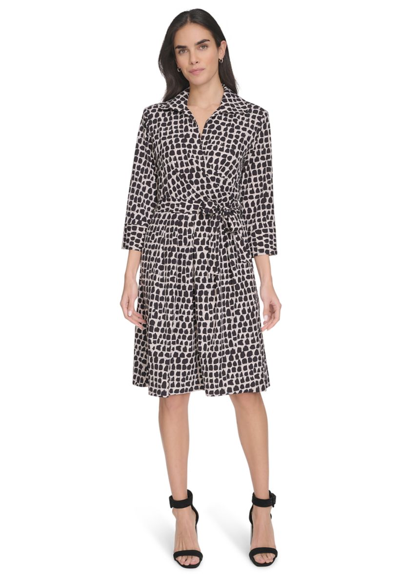 Womens Printed Belted Fit and Flare Dress with Collar