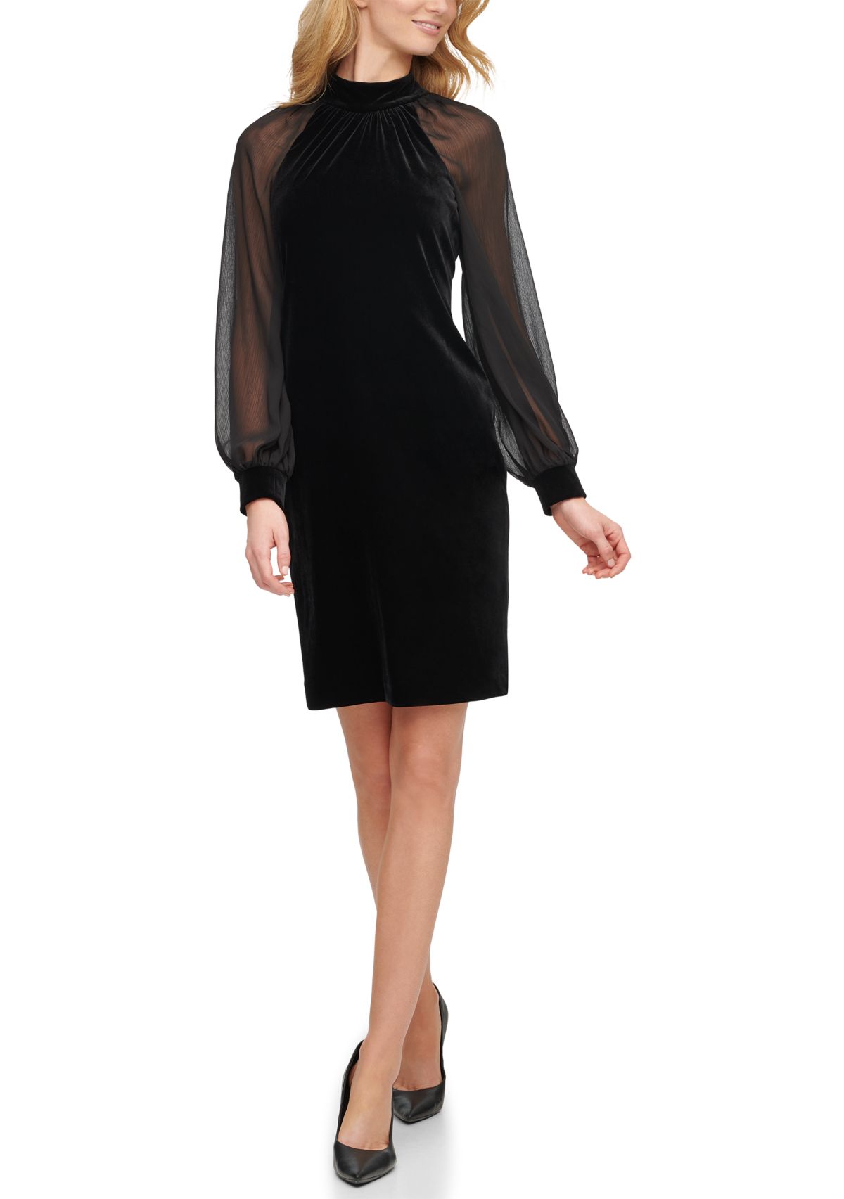 Womens Blouson Sleeve Mock Neck Velvet Sheath Dress