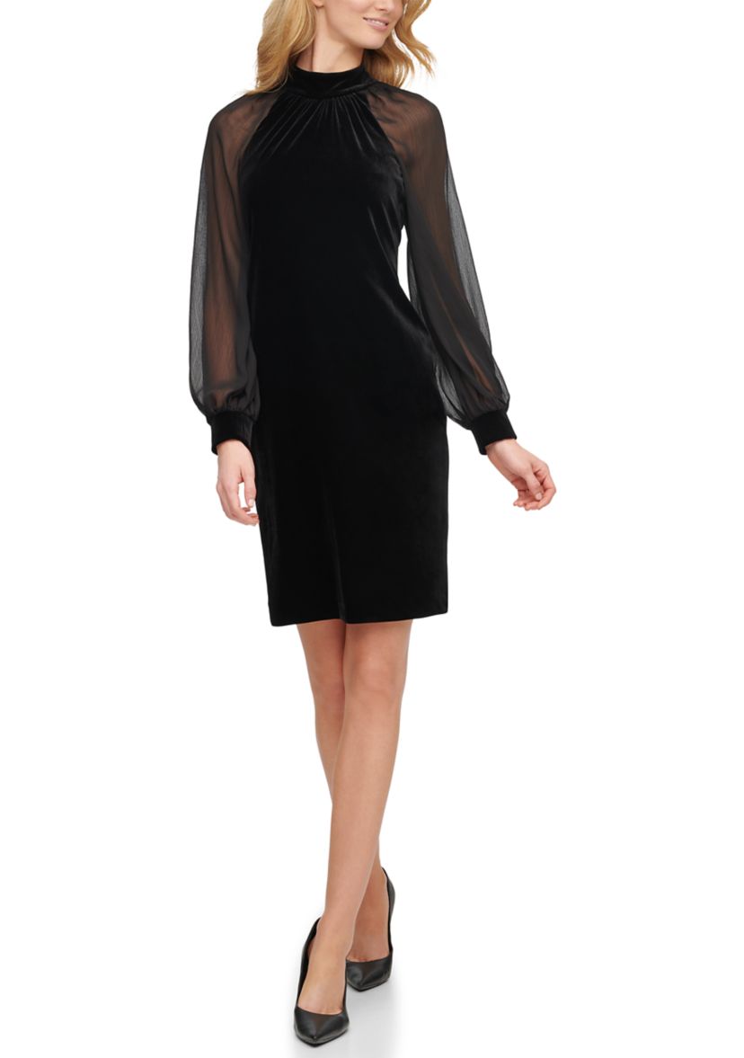Womens Blouson Sleeve Mock Neck Velvet Sheath Dress