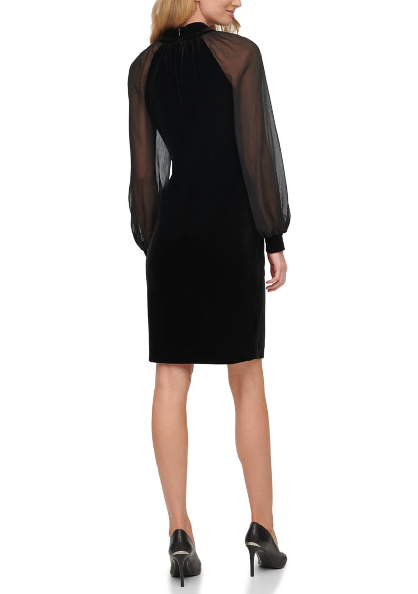 Womens Blouson Sleeve Mock Neck Velvet Sheath Dress