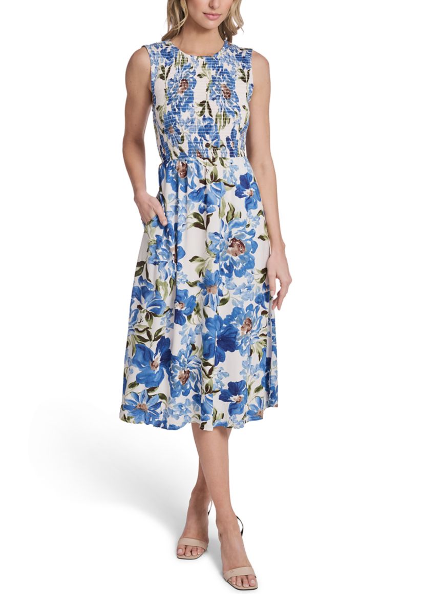 calvin klein women dress Women's Smooth Cotton Midi in Blue Dream 100% Zinc Alloy Zipper Calvin Klein Women's Sleeveless Sheath