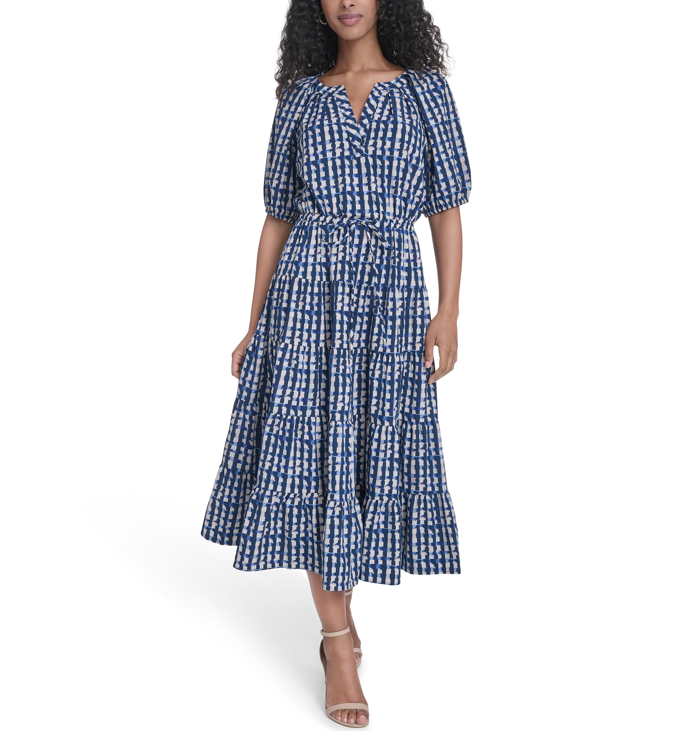 frame cotton asymmetric tiered midi dress Freya Tiered Midi Dress - White + Blue Floral