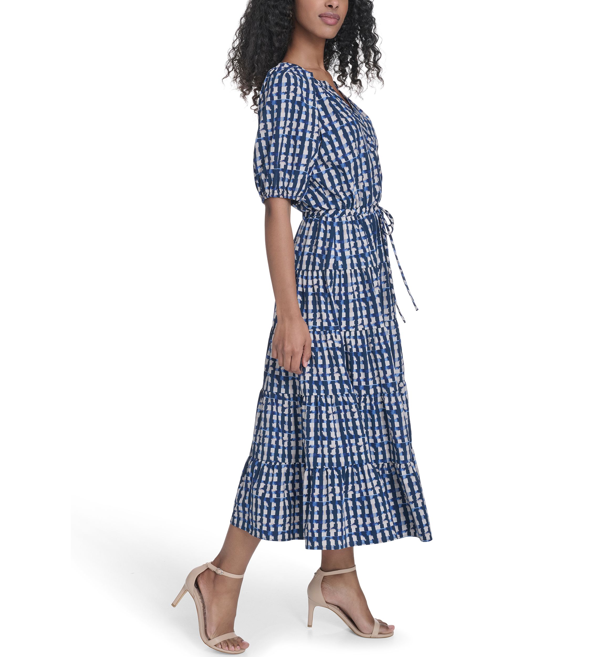 calvin klein striped a line dress Calvin Klein Women's Striped V-Neck Midi Dress - Blue Multi