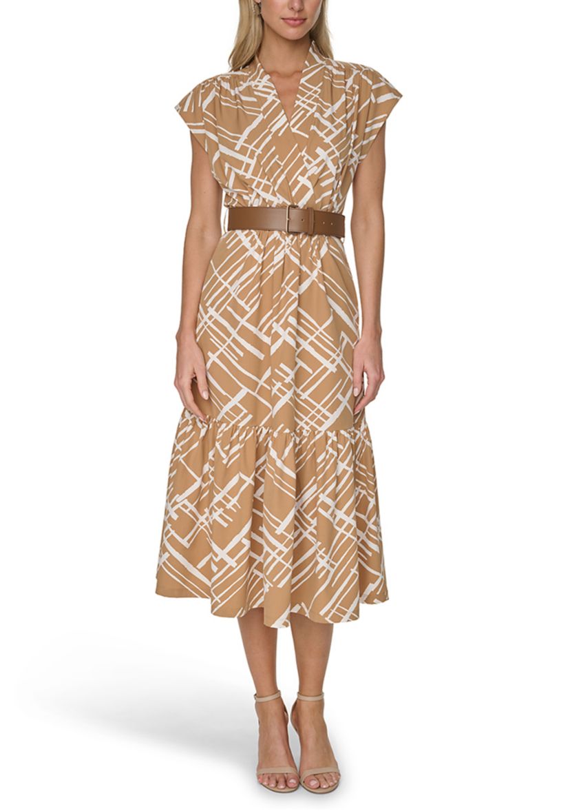 Calvin Klein Women's V-Neck Belted Midi Dress - LUGGAGE/EGG White