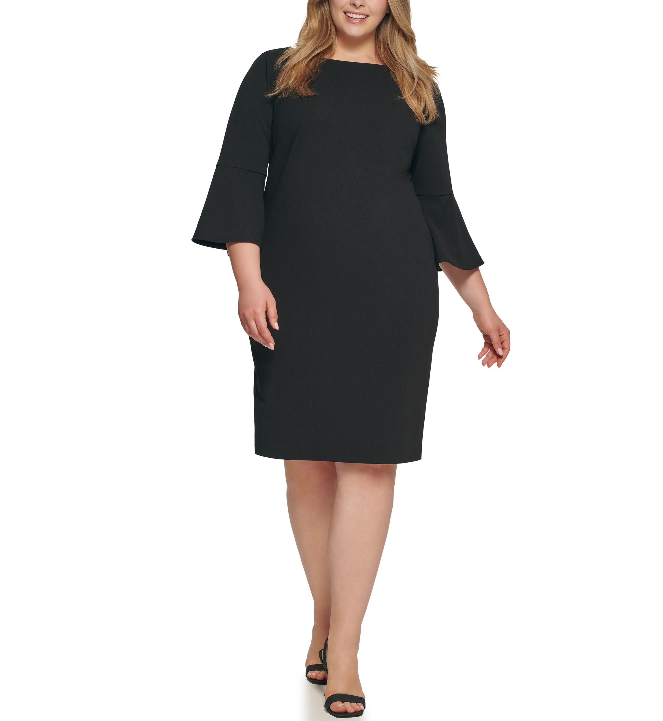 Plus Size 3/4 Bell Sleeve Solid Shift Dress