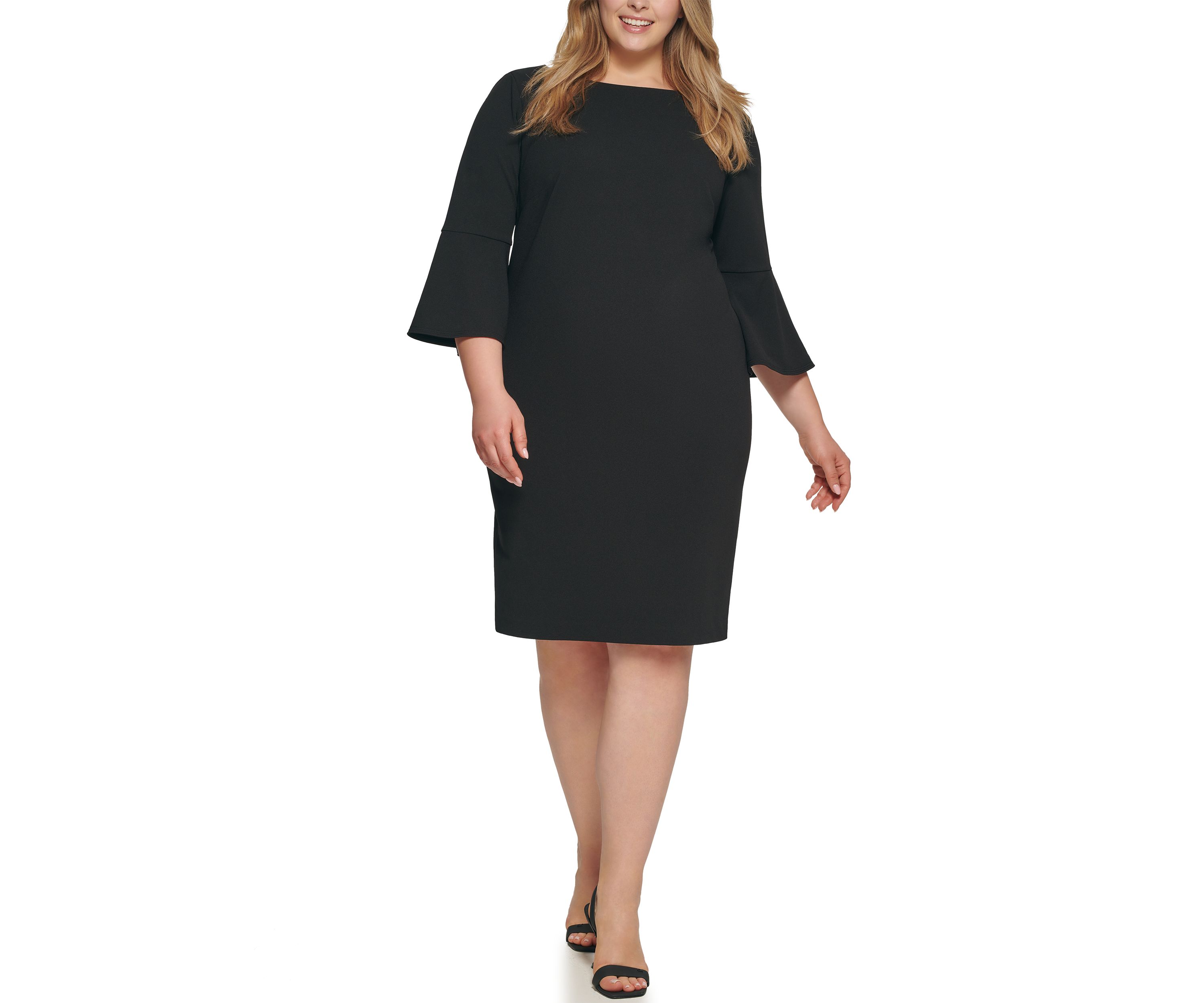 Plus Size 3/4 Bell Sleeve Solid Shift Dress