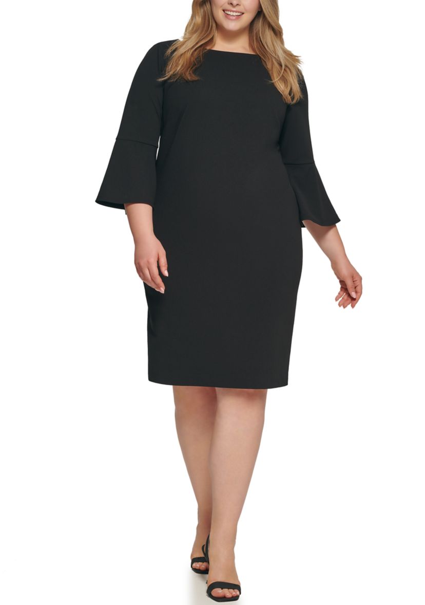 Plus Size 3/4 Bell Sleeve Solid Shift Dress
