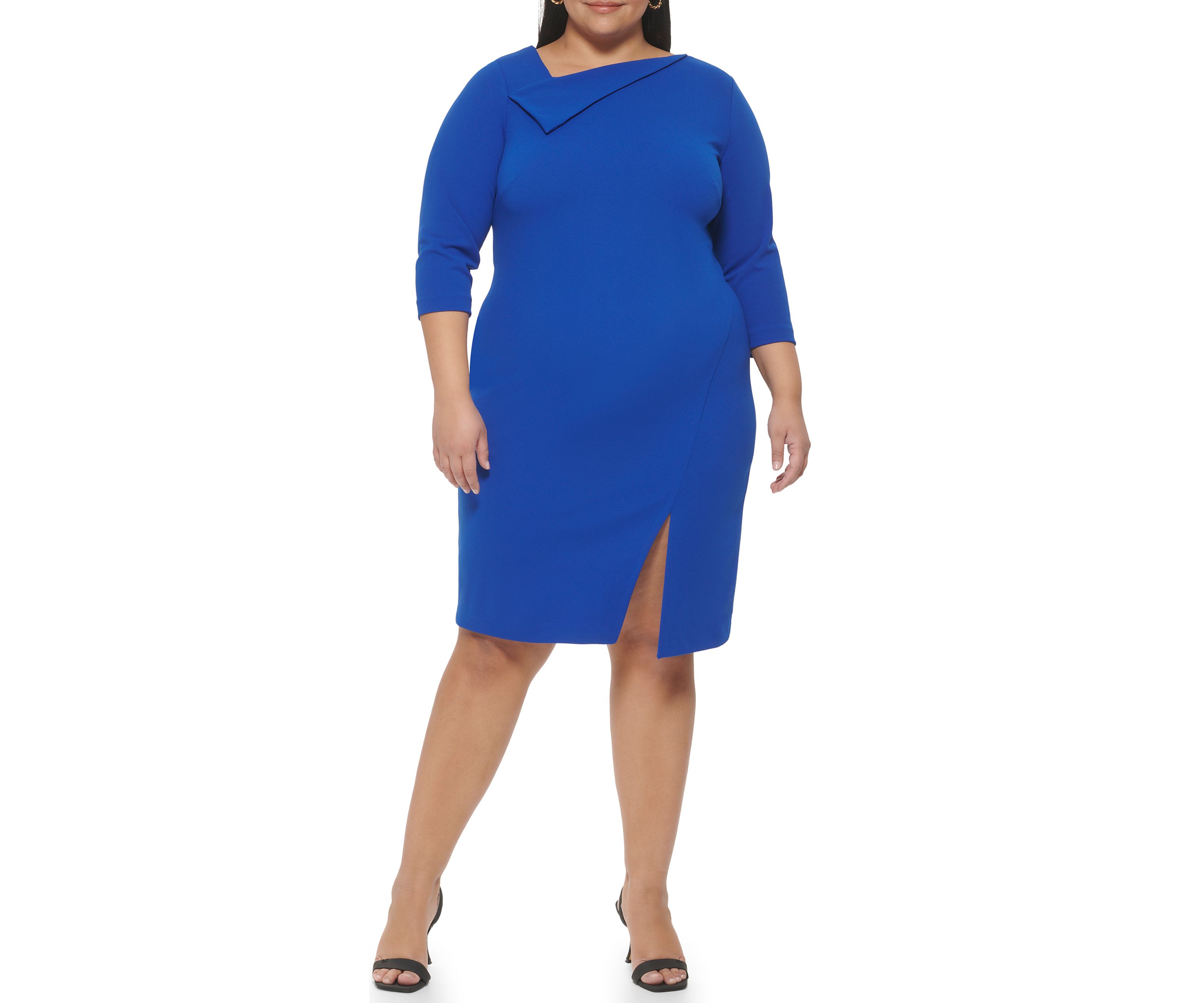 Plus Size 3/4 Sleeve Asymmetrical Neck Sheath Dress