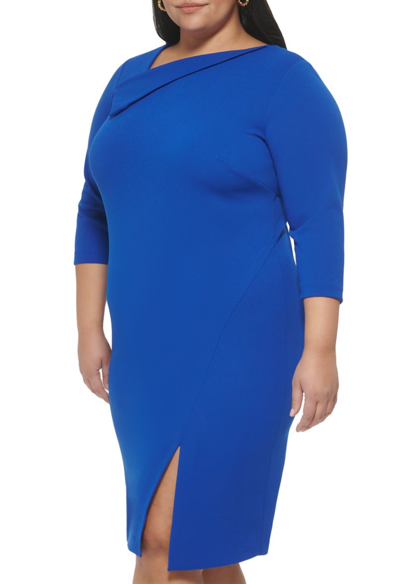 Plus Size 3/4 Sleeve Asymmetrical Neck Sheath Dress