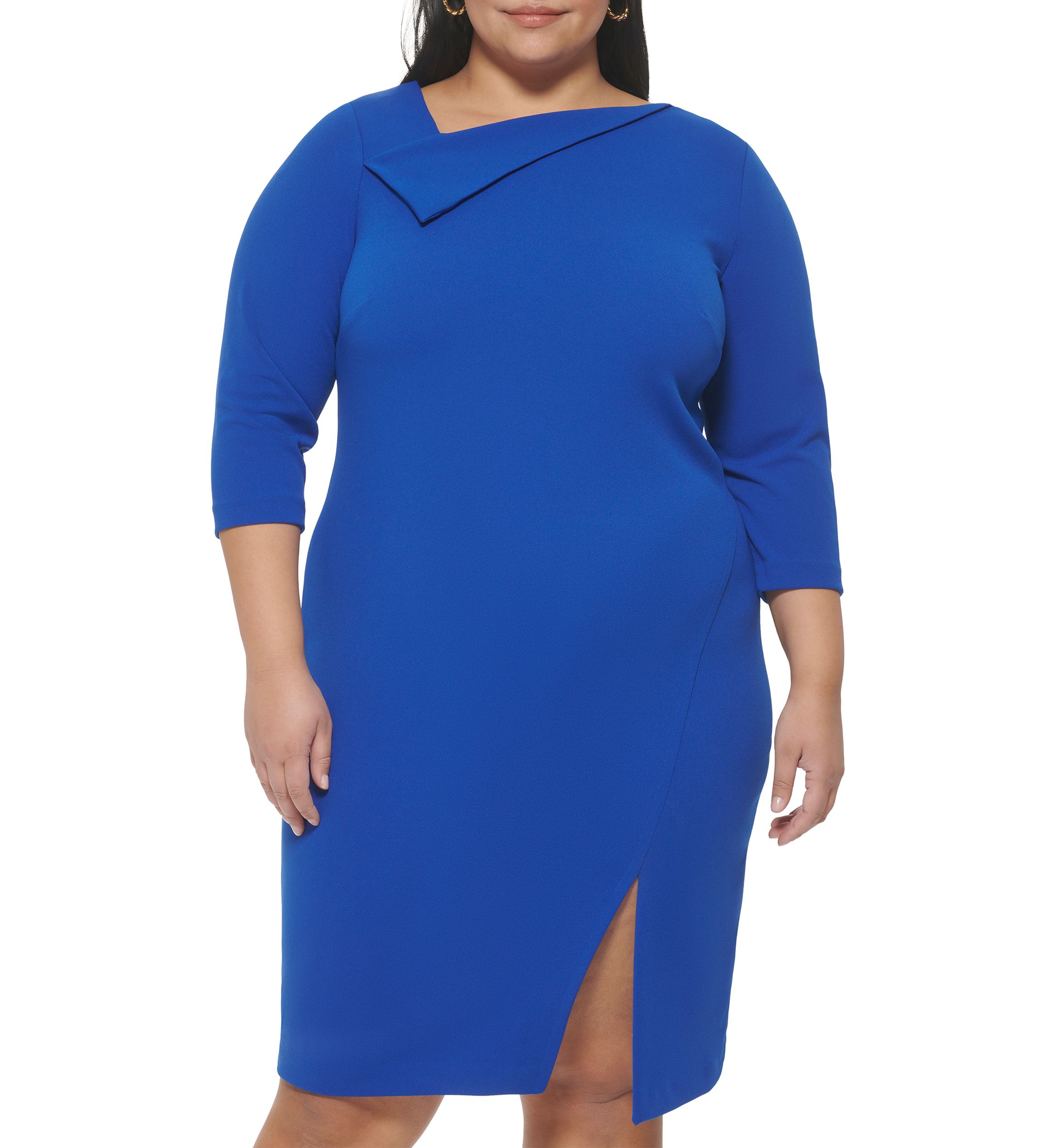 Plus Size 3/4 Sleeve Asymmetrical Neck Sheath Dress