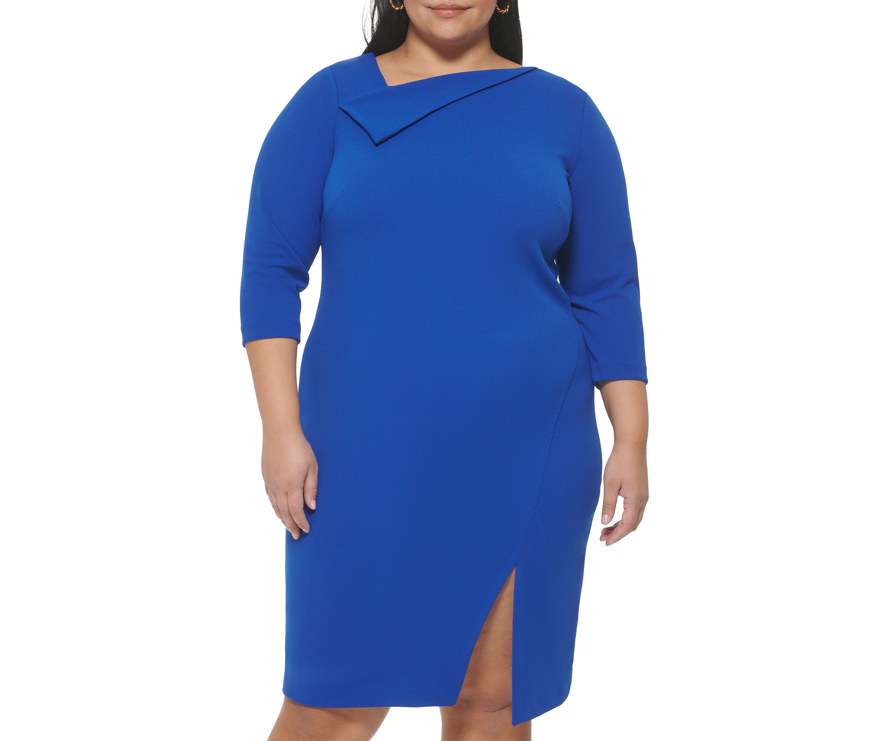 Plus Size 3/4 Sleeve Asymmetrical Neck Sheath Dress