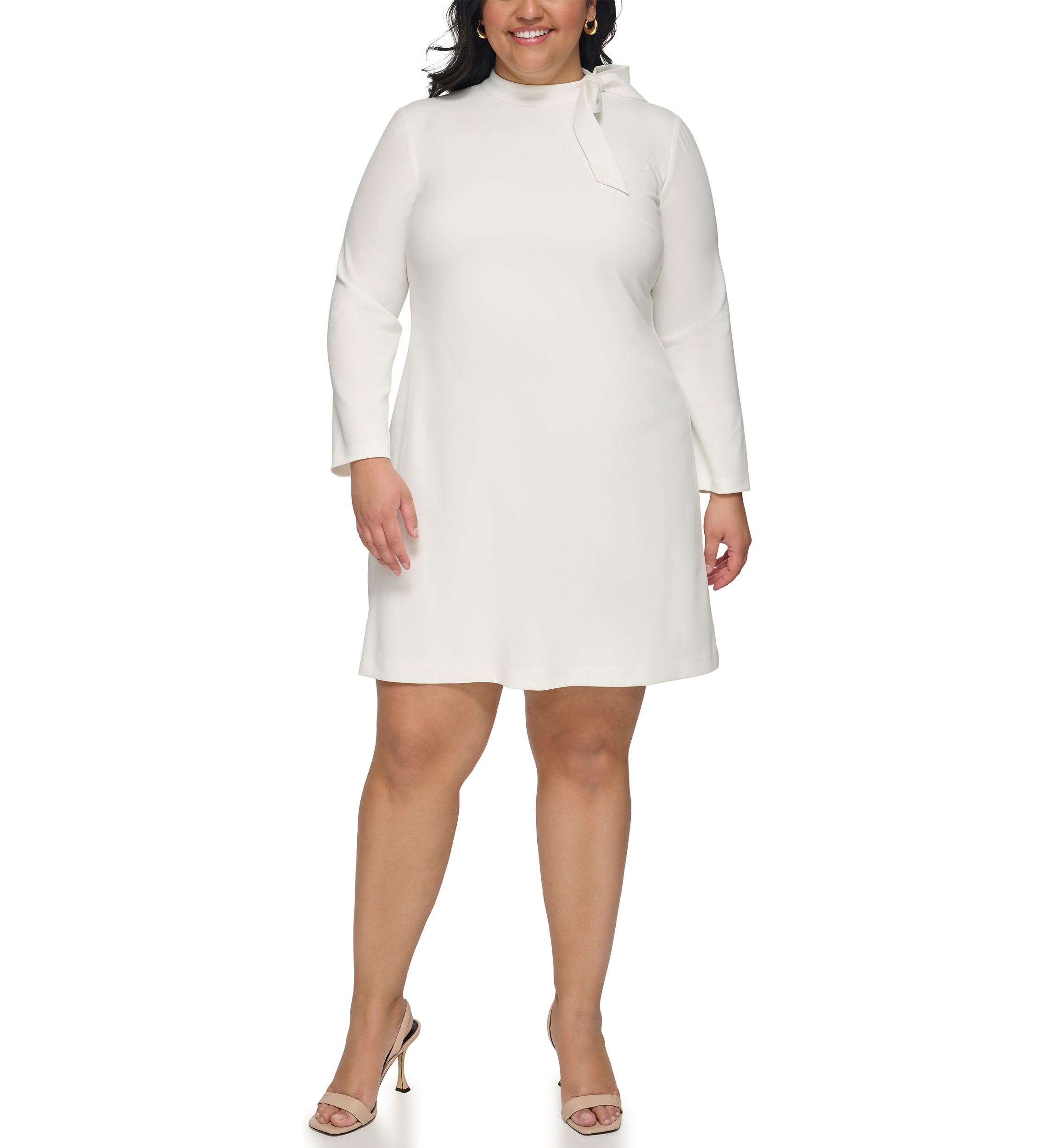 Plus Size Long Sleeve Tie Neck Solid Sheath Dress
