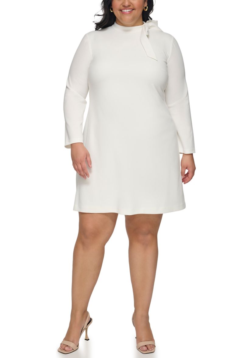 Plus Size Long Sleeve Tie Neck Solid Sheath Dress