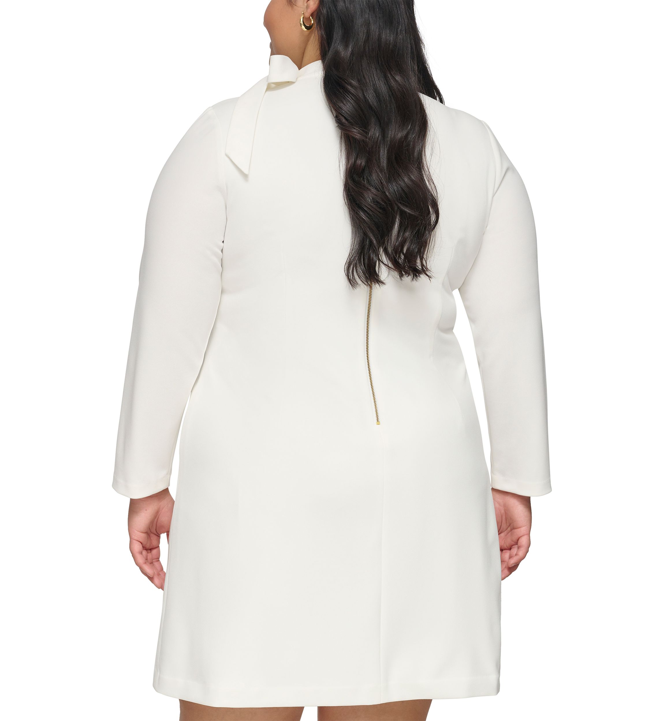 Plus Size Long Sleeve Tie Neck Solid Sheath Dress