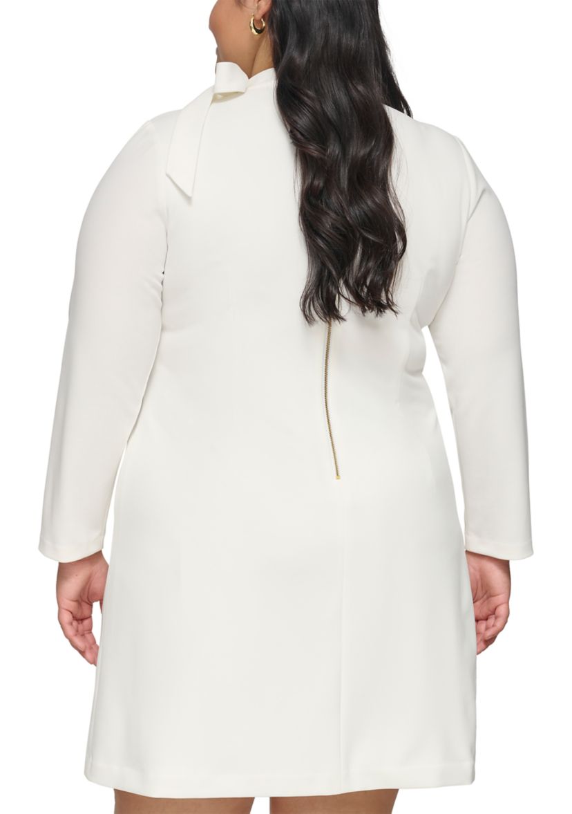 Plus Size Long Sleeve Tie Neck Solid Sheath Dress
