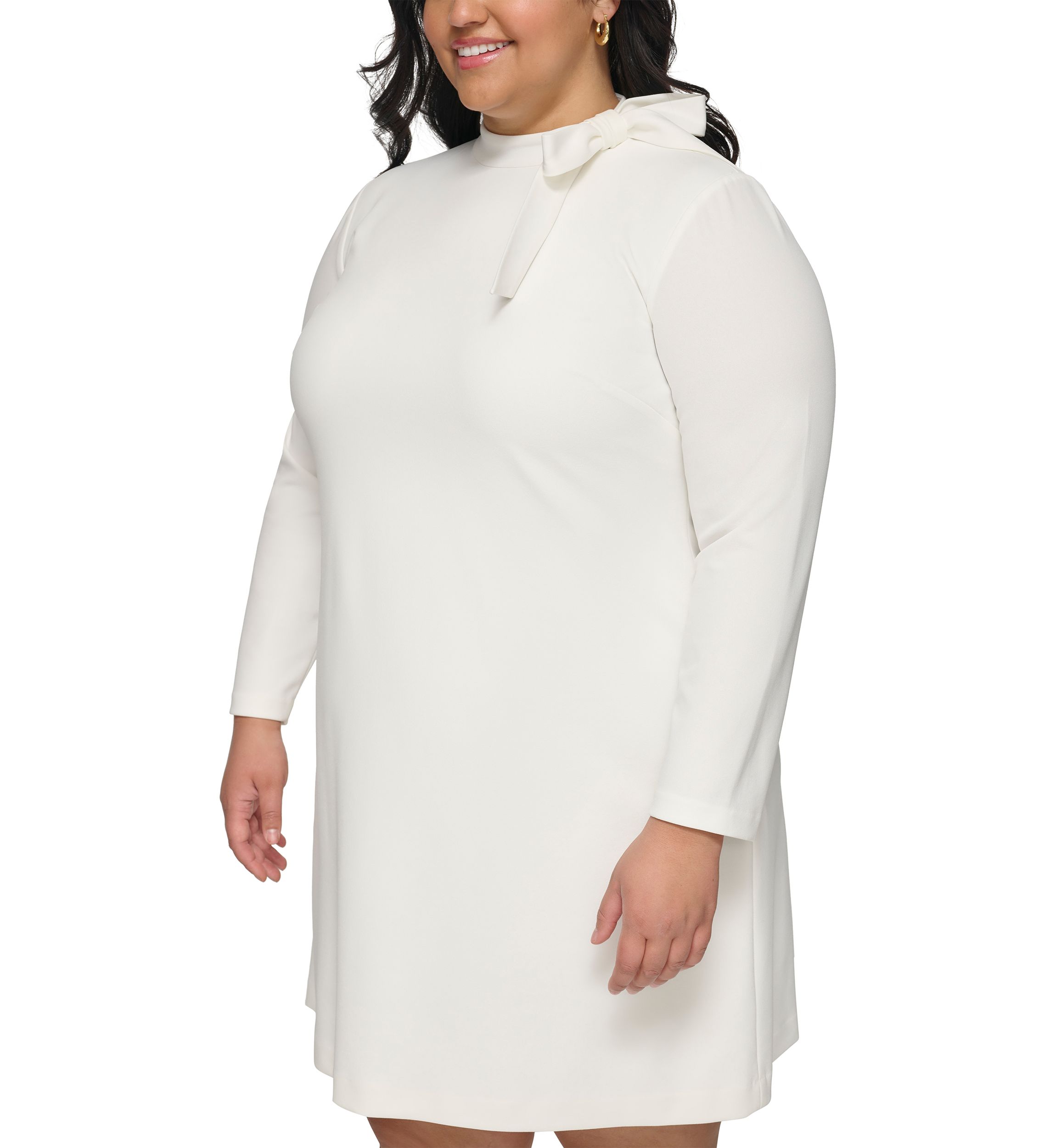 Plus Size Long Sleeve Tie Neck Solid Sheath Dress